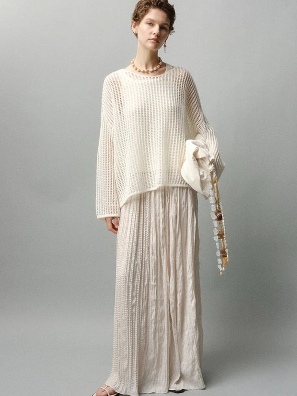 INFFTRU All-Match Textured Pleated Maxi Skirt Beige 36